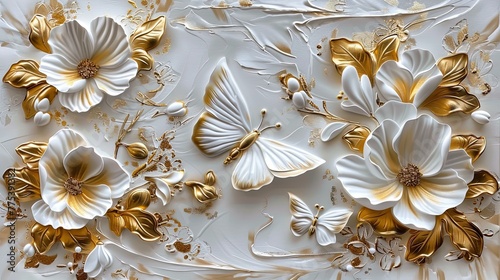 white butterflies on white with gold tint flowers painted with oil