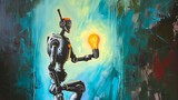 A painting depicting a robot holding a glowing light bulb, which symbolizes the inclusion of artificial intelligence in the process of creativity and idea generation --no text, titles --ar 16:9 -