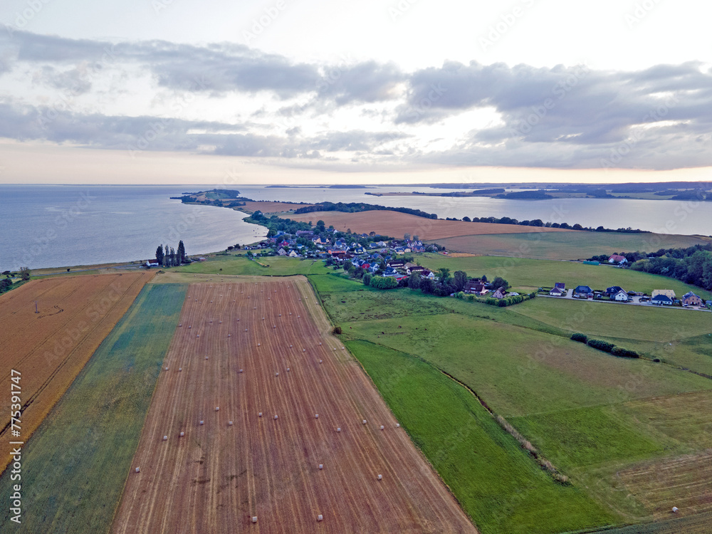 Aerial landscape of agricultural fields on the Island of Rugen in Mecklenberg Vorpommern