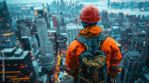 Skyscraper construction worker in dramatic pose against cityscape, ultra realistic detail