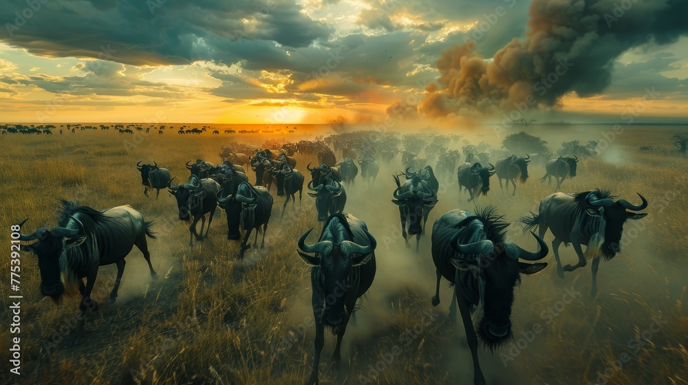 Serengeti wildebeest migration  spectacular survival journey in the mesmerizing dusk light - obrazy, fototapety, plakaty 