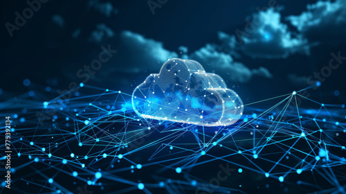Illustration of a cloud on blue digital network lines - cloud computing concept