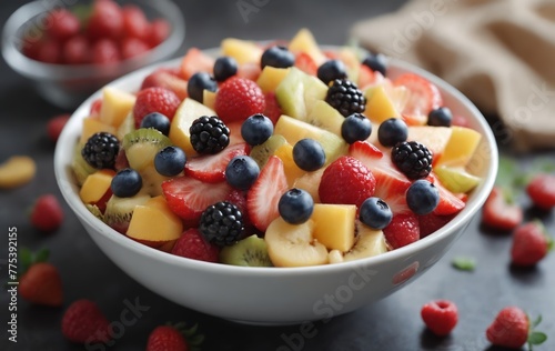 a bowl of fruit salad with strawberries   blueberries   raspberries and pineapple