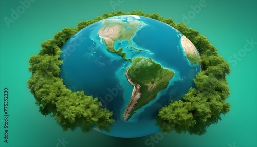 Planet earth on a green background. Green continents made from the crown of a tree. Clear azure water. The ecological concept of the survival of the planet created with generative ai © Chaudhry