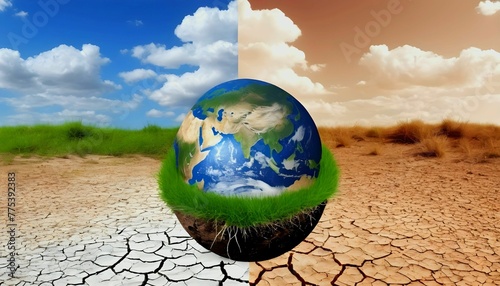 Earth on a background of grass and clouds versus a ruined Earth on a background of a dead desert. Concept on ecology, global warming, science, education created with generative ai