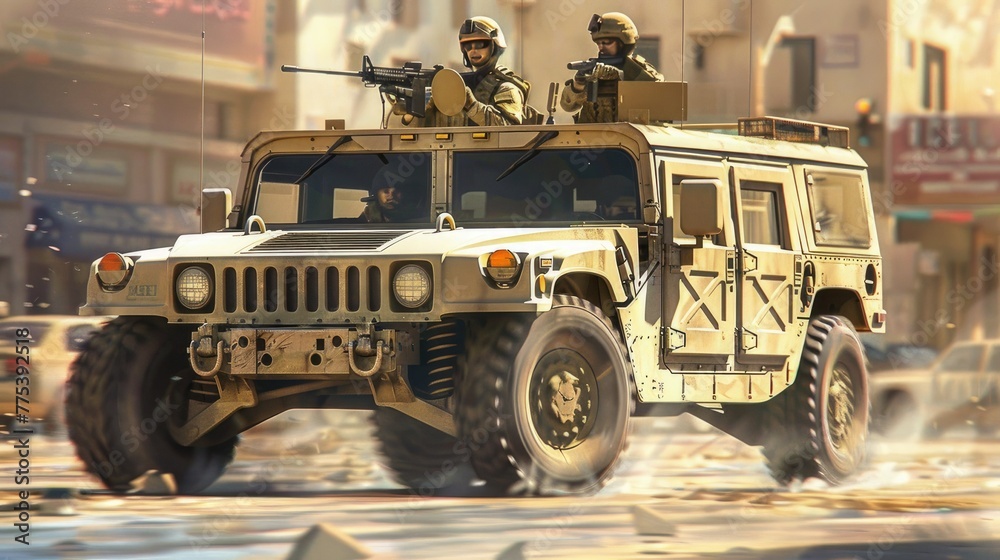 A military vehicle with soldiers on board drives down a city street in battle. A military humvee with two hooded figures sitting inside, in the desert. A military vehicle with soldiers on board drives down a city street in battle. A military humvee with two hooded figures sitting inside, in the desert.
