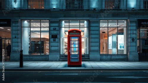 Red telephone box stands in front of a store, London street, detailed architecture, product display with blue lights inside.