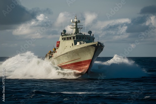 Formidable vessel plows through waves showcasing strength and purpose