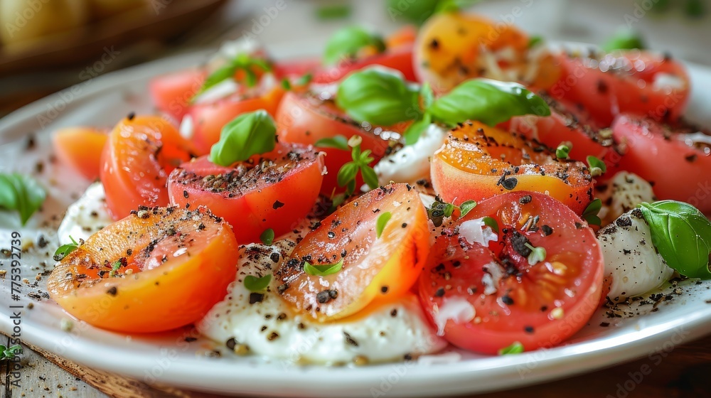 Close-up image of plate with tomatoes and mozzarella Close-up image of plate with tomatoes and mozzarella