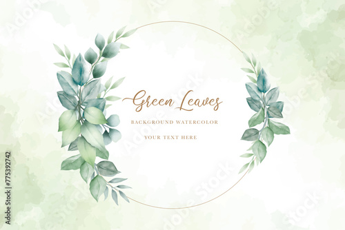 Watercolor green leaves wreath with gold circle