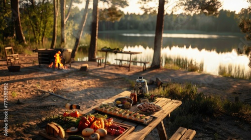 barbecue area on the lake with a grill and a table for a feast of fish and meat, surrounded by trees in summer. The sun casts long shadows across the stage, creating a warm atmosphere.