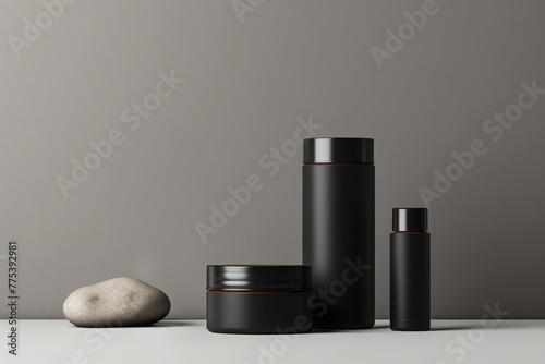  sleek male skincare products are neatly arranged against a neutral backdrop