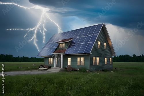 Renewable energy resilience house equipped with solar panels withstands thunderstorm photo