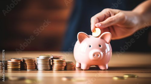 female hand puts money in piggy bank to save money