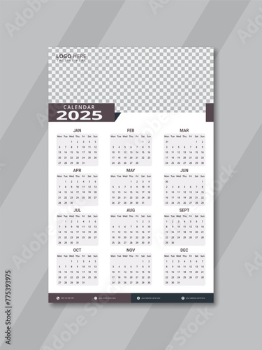 Modern Vertical Poster Wall Calendar Design Template 2025 Clean Vector Illustration Set Of 12 Months