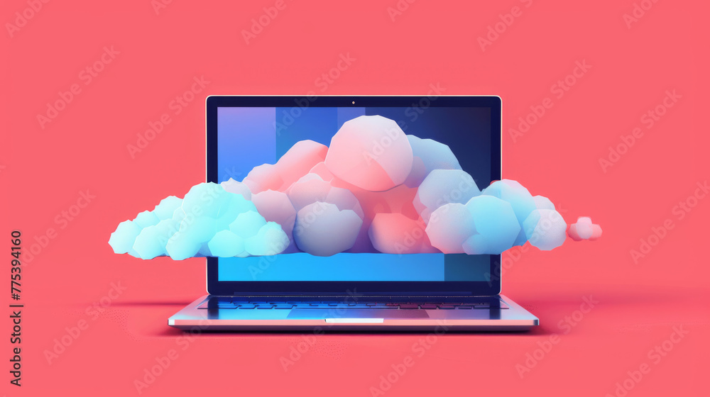 illustration of laptop with cloud on screen - red and blue colors - computing concept illustration of laptop with cloud on screen - red and blue colors - computing concept