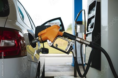 Refueling scene gasoline nozzle fills car tank at service station