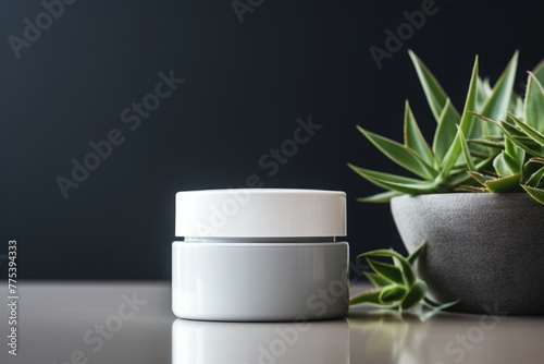 A clean, white jar containing a skincare product positioned in the blurred foreground