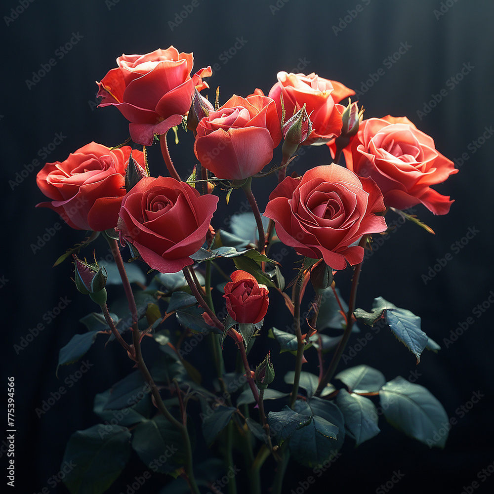 Bouquet of red roses on black background, generative ai