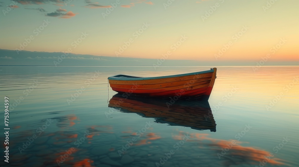   A boat bobbing atop water's surface beneath a cloud-streaked sky during sunset
