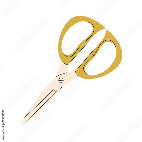 Green tailor scissors for cutting, cutting, grooming in flat style. Vector stock cartoon illustration of closed scissors on isolated white background. Metal blades