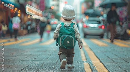 Cute child in a white hat and green backpack walks down the street, city streets background, ultra-realistic skin texture, natural light, cityscape background