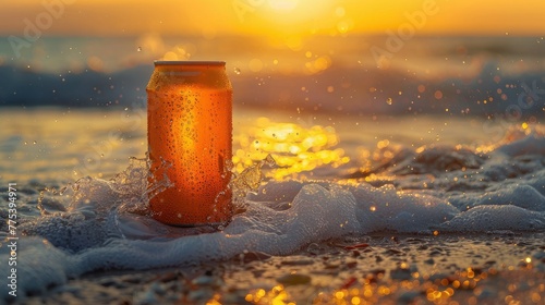 Beer can on the beach with water drops and waves in front, sunset in the background, orange tones, shallow depth of field with blurred background.