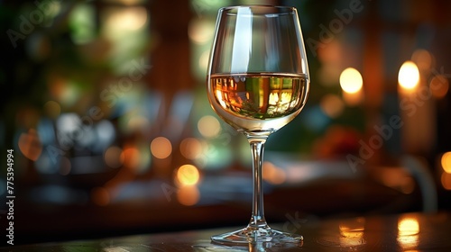 A white wine glass rests on a table, ready to be enjoyed