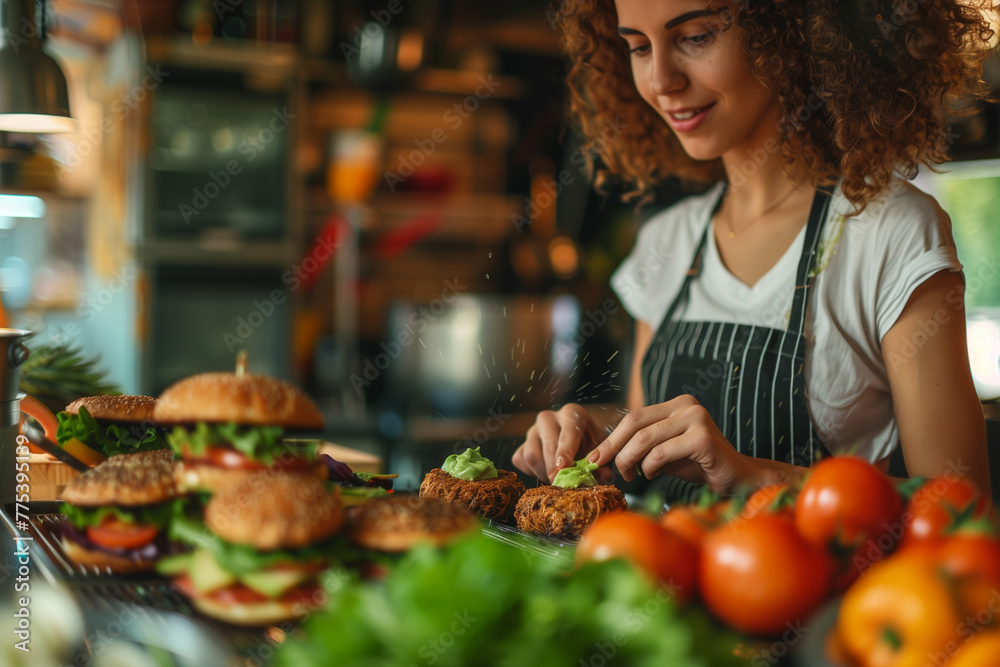 Woman in Apron Preparing Burger
