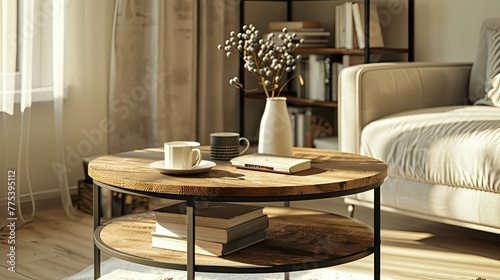 round coffee table with metal frame and wood top, rustic farmhouse style with light oak finish, industrial design, in living room setting with white sofa and shawls on sofa, books.
