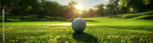 White Golf ball on green course to be shot on blurred beautiful landscape of golf course in sunset day time with copy space. Sport, Recreation, Relax in holiday concept