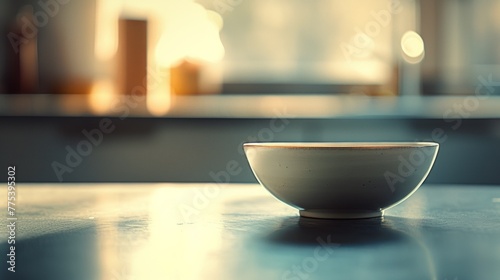 A bowl sitting on a table in front of some windows, AI