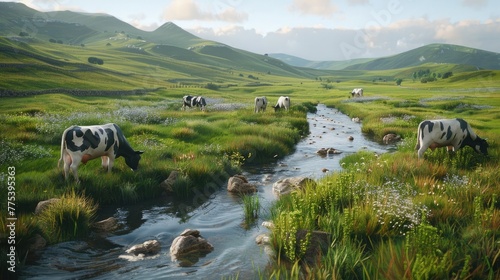 A serene landscape with grazing cows in the foreground and a small stream flowing through lush green meadows under a blue sky. The distant mountains create a charming backdrop.