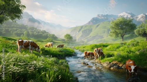 A serene landscape with grazing cows in the foreground and a small stream flowing through lush green meadows under a blue sky. The distant mountains create a charming backdrop.