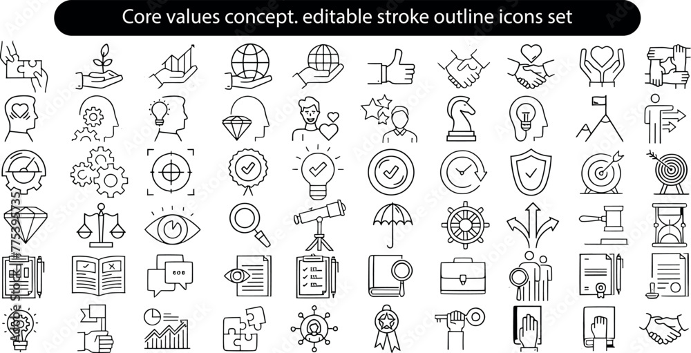 Values Outlines Core values concept. Integrity, mission, vision, trust, purpose ...