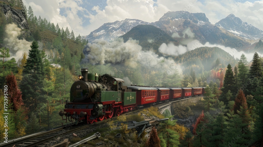 A steam locomotive speeds through lush green mountains, smoke pours from its chimney, and trees line both sides of the tracks. The scene shows a picturesque landscape.