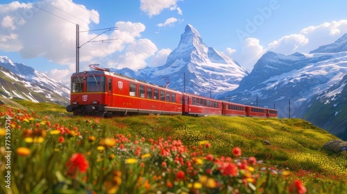 Red train in the mountains, surrounded by green meadows and snow-capped peaks. The scene captures a blue sky landscape as passengers enjoy a journey through nature.
