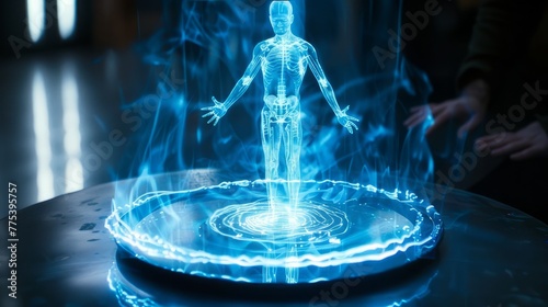 A sophisticated hologram from the future in translucent blue. A human hologram with an aura surrounding it. A human hologram with bones.