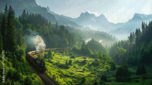 A steam locomotive speeds through lush green mountains, smoke pours from its chimney, and trees line both sides of the tracks. The scene shows a picturesque landscape. photo