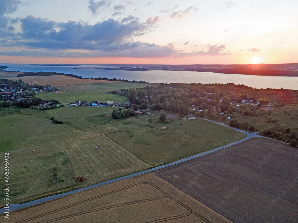 Aerial landscape of fields at sunset on the Island of Rugen in Mecklenberg Vorpommern