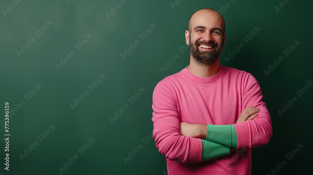 Homem sorrindo de braços cruzados vestindo rosa no fundo verde