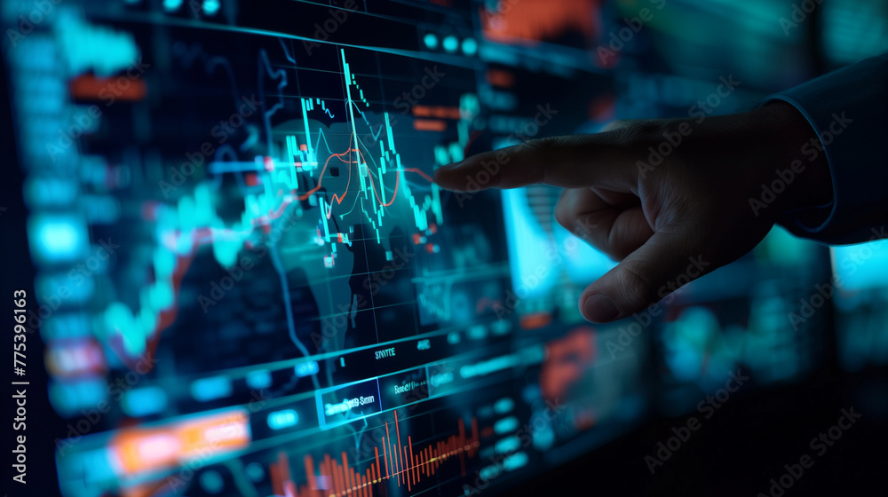 
The hand of a businessman or investor pointing at a computer screen, screen with stock market chart analysis or research information for trading and investing