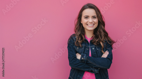 Mulher sorrindo de braços cruzados vestindo jeans azul no fundo rosa