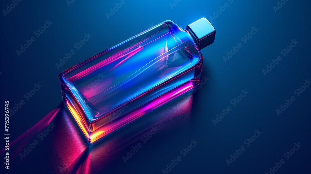Obraz premium A bottle of perfume is lit up in a bright color, AI