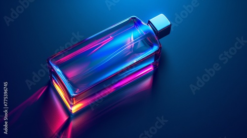 A bottle of perfume is lit up in a bright color, AI © starush