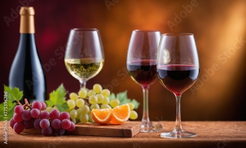 Wine bottle and glass of red wine with grapes on wooden table