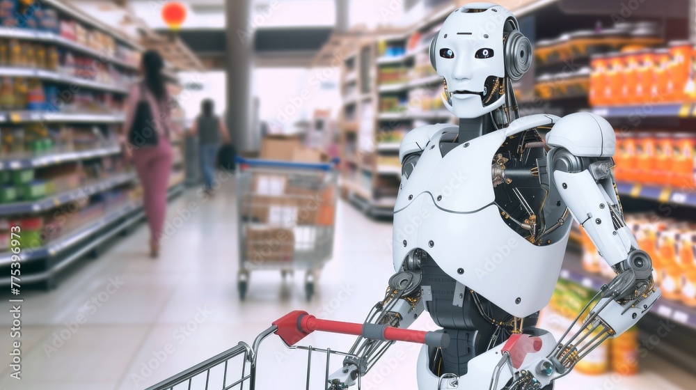 android robot with a cart shopping in a store --no text, titles --ar 16:9 --quality 0.5 --stylize 0 Job ID: 3d2d23e9-29ae-43d1-8da8-9ccf7b8673a9