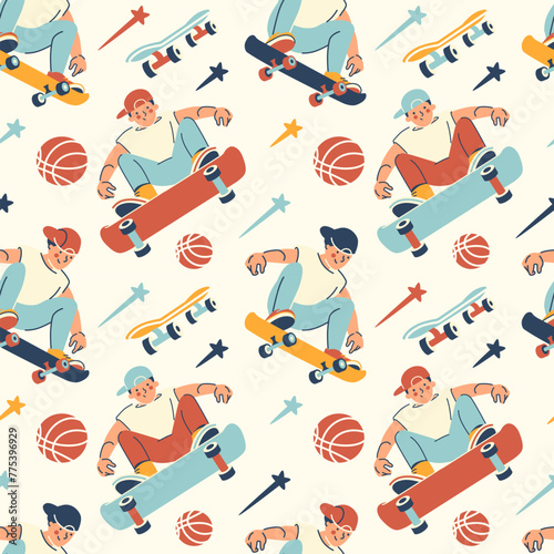 Seamless pattern. Cool teen skateboard sport. Vector illustration of young men, a boys-skateboarders. 90's fun street style concept. Printable colorful flat background