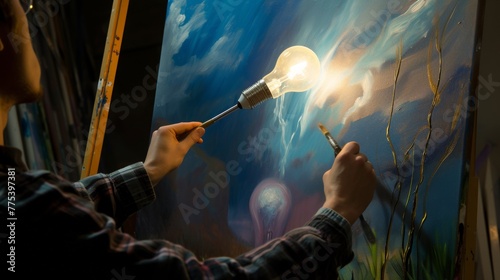 Painting with an artist working on a canvas holding a bright light bulb to create the perfect lighting --no text, titles --ar 16:9 --quality 0.5 --stylize 0 Job ID: 58a56b79-73bc-46db-823e photo