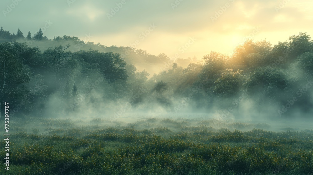   Foggy field with trees, grass & sun through clouds